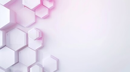 Poster - A white background with a scattering of overlapping pastel pink and blue hexagons on the right side of the frame