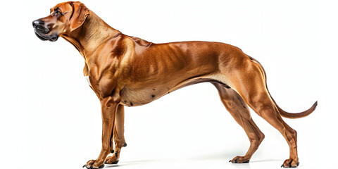 A Muscular And Alert Rhodesian Ridgeback Dog Stands In Profile Against A White Background.