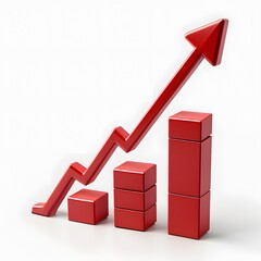 Red 3D bar graph with ascending arrow indicating business growth, success, financial increase, and economic progress on white background.