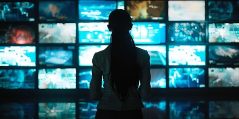 Woman surrounded by multiple TV screens, video wall showcasing variety of multimedia content, online broadcasting and streaming concept