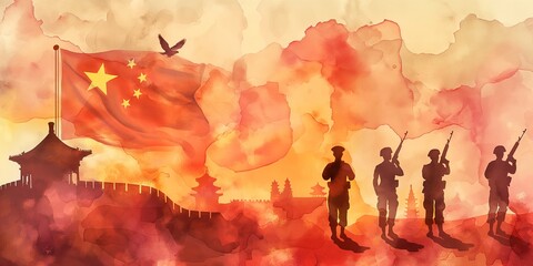 Wall Mural - Watercolor poster illustration of China Army Day.