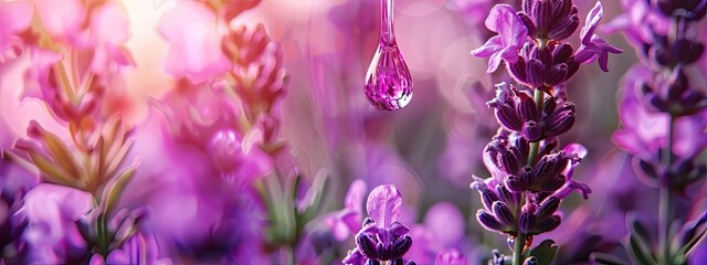 Poster - lavender essential oil drips into the bottle. Selective focus