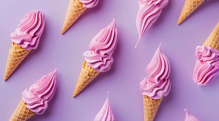 Canvas Print - Pattern with purple ice cream in waffle cones on violet background, top view, minimal flat lay style.