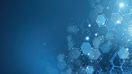 Poster - a digital illustration depicting a blue background with an abstract hexagon pattern and white glowin
