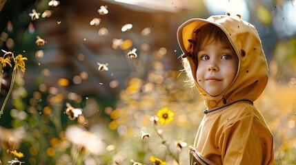 the child stands on the background of beehives. Selective focus