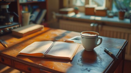 Poster -  minimalist desk setup with an open notebook and a freshly brewed cup of coffee