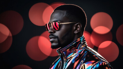 Wall Mural - A man wearing sunglasses and a holographic jacket stands before a dark background with red circular lights