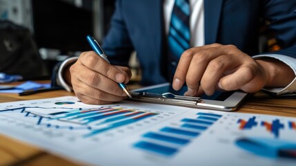 Poster - Stock market investor reviewing performance graphs and trend analysis reports.