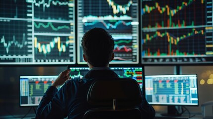 Aufkleber - Stock market trader analyzing candlestick charts and market trends on multiple screens.