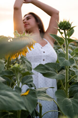 Wall Mural - Cheerful woman amidst sunflowers in field at sunset