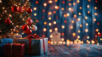 Sticker - Christmas tree adorned with gifts next to illuminated backdrop