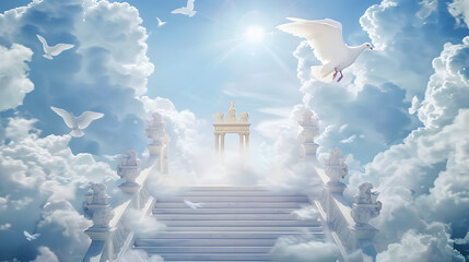 Canvas Print - create a cloud filled heaven stairs with doves and golden gates memorial background