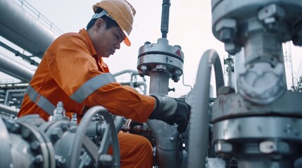 Poster - A worker wearing an orange jumpsuit and safety helmet carefully inspects a large valve at an industrial plant