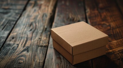 Poster - Brown Closed Cardboard Box on Wooden Table with Space for Mockup