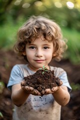 the child holds the earth in his hands. Selective focus