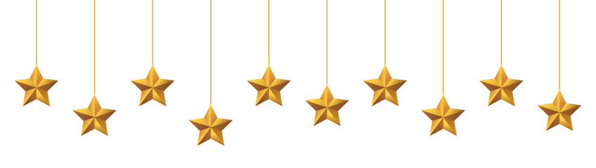 golden stars hanging isolated on transparent background.