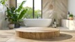 © Palung - Wooden podium for bathing and spa products in defocused bathroom, Round wooden podium for product display on blurred bathroom background.