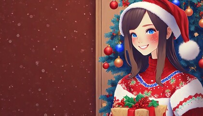 Poster - santa girl with gifts