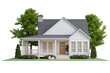 © onzon - Front view of modern style small cottage house on the green lawn isolated on white background with clipping path 3d render There are white plank wall gray roof tile surrounded by nature