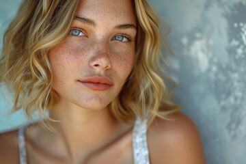 Wall Mural - a portrait of a young beautiful blond woman, with empty copy space