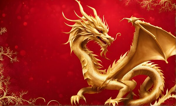 Golden Dragon With Red Festive Background