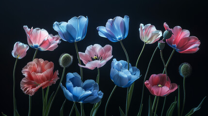 Wall Mural -  realistic painting of tulips and poppies, 