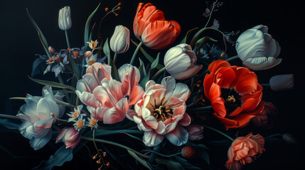 Wall Mural -  realistic painting of tulips and poppies, 