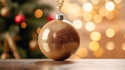 A close-up shot of the Christmas decorations, featuring a background of sparkling lights.