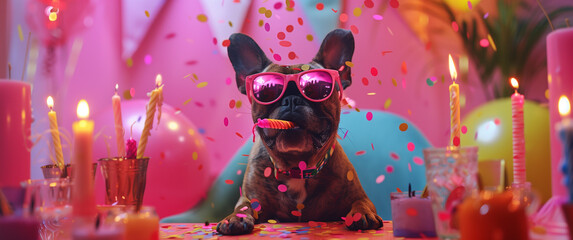 a cute dog wearing sunglasses and a party hat, sitting at a desk and celebrating a fun birthday part