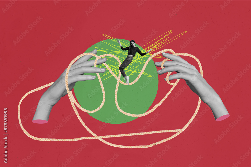 Composite photo collage of happy stylish funky girl dance rope knot ...