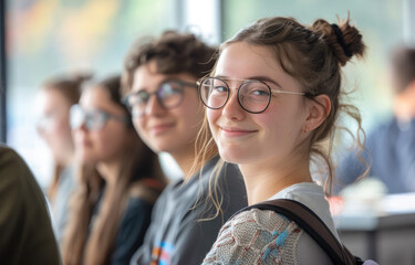 Wall Mural - Happy young female student sitting in the classroom with a group of students smiling and looking at the camera, wearing glasses