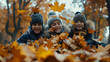 © Oulaphone - Friends having fun throwing leaves in autumn leaves in park, enjoying autumn weather season.