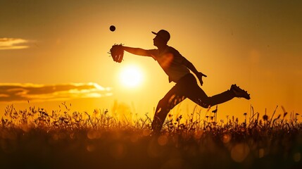 A baseball player silhouetted against the setting sun making a dramatic diving catch in the outfield