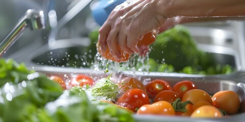 Wall Mural - Fresh organic vegetables being washed in a kitchen sink for cooking. Concept Food Preparation, Healthy Eating, Cooking At Home, Fresh Produce, Kitchen Activities