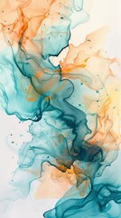 Wall Mural - Abstract artwork with turquoise and orange alcohol ink flowing and swirling together creating interesting shapes and textures with copy space