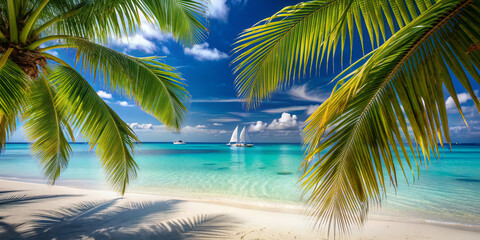 Serene tropical beach scene with palm fronds swaying in the breeze, pristine white sand, and turquoise waters stretching to the horizon with sailing boats.