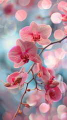 Poster - Delicate pink orchids are blooming on a branch against a blurred background with bokeh. The flowers have a gentle gradient from white to pink