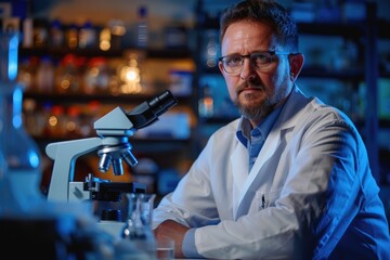 Poster - Scientist examining samples in a well-equipped lab, utilizing an advanced microscope and various equipment. AIG58