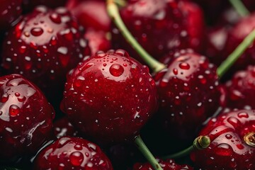 Wall Mural - Fresh ripe red cherries forming a background covered with water droplets