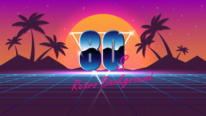 Aufkleber - 80s retro game background. Synthwave wireframe landscape for game assets in vector illustrations.Retro Futurism Sci-Fi Background. glowing neon grid.and stars from vintage arcade comp
