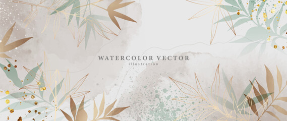 Wall Mural - Abstract art background vector. Luxury minimal style wallpaper with golden line art flower and botanical leaves, Organic shapes, Watercolor. Vector background for banner, poster, Web and packaging.