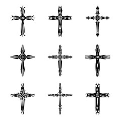 Canvas Print - Christian cross vector icon symbols.  Abstract christian religious belief or faith art illustration for orthodox or catholic design. The symbol of the cross in various designs used in tattoo.	