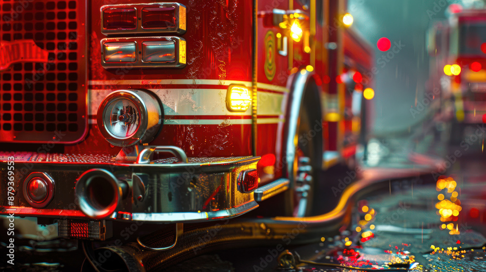 Rescuers. Close-up of a red fire truck parked in the rain. The fire ...