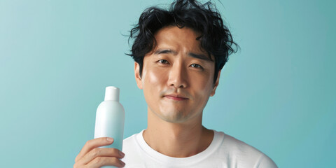 Wall Mural - A Korean man holding a skincare product, showcasing his clear skin and confident smile