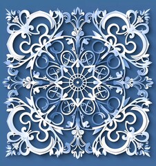 Poster - 3D vector white ornament on blue background with geometric pattern, .