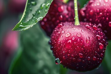 Sticker - Close up of a ripe red cherry covered in water droplets, hanging from a branch with green leaves