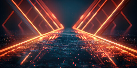 Poster - Neon corridor, tunnel, scene with ultra orange lines on a black background, virtual reality tunnel. Futuristic background. Empty stage. Product installation.