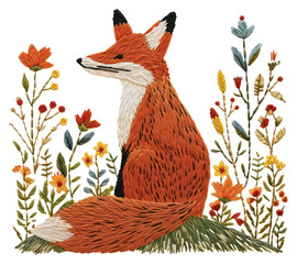 Canvas Print - PNG  A fox on Autumn flowers hill embroidery pattern animal.