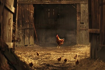 Wall Mural - Rooster walking in a dusty chicken coop on a farm with chicks