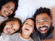 © peopleimages.com - Happy family, portrait and relax with children for selfie, memory or photography on bed at home. Father, mother and kids lying in bedroom with smile for morning, moment or picture together at house